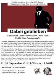 Flyer Antifa-Cafe "Der diskrete Charme der radikalen Linken oder: Sind 20 Jahre Pause genug?"