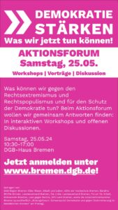Sharepic Aktionsforum Demokratie stärken am Samstag, 25.05.2024 Seite 1