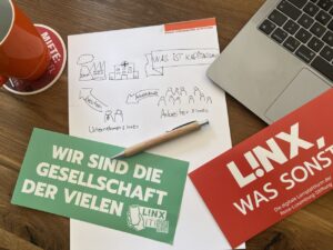 Bild von einem Nozizblock mit Stift und Notizen, einer Kaffeetasse, einem Laptop sowie Flyers der RLS. 